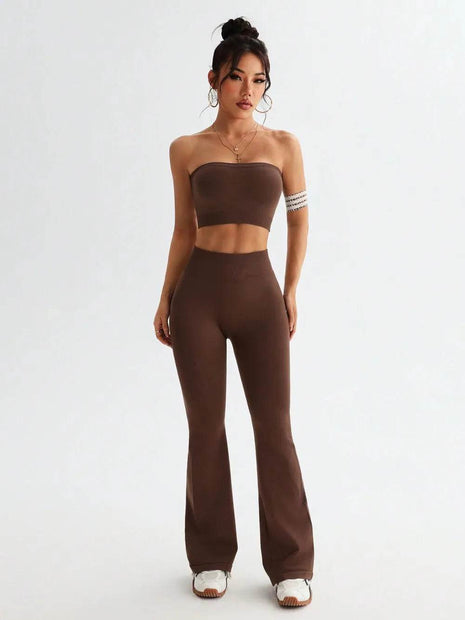 Tube Top and High Waist Flare Pants Active Set - MimiStylez