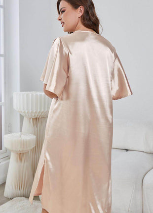 Plus Size Flutter Sleeve V-Neck Side Slit Night Gown - MimiStylez
