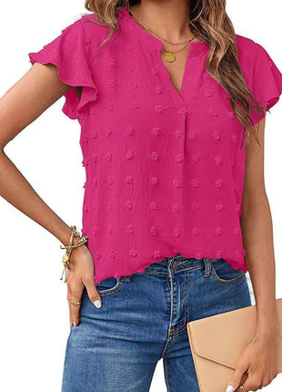 Women's Fashion V-neck Ruffle Sleeve Chiffon Shirt Short Sleeve - MimiStylez