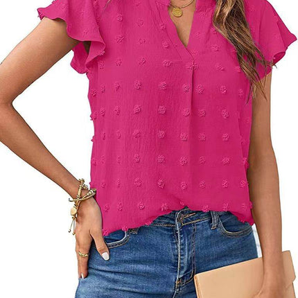 Women's Fashion V-neck Ruffle Sleeve Chiffon Shirt Short Sleeve - MimiStylez