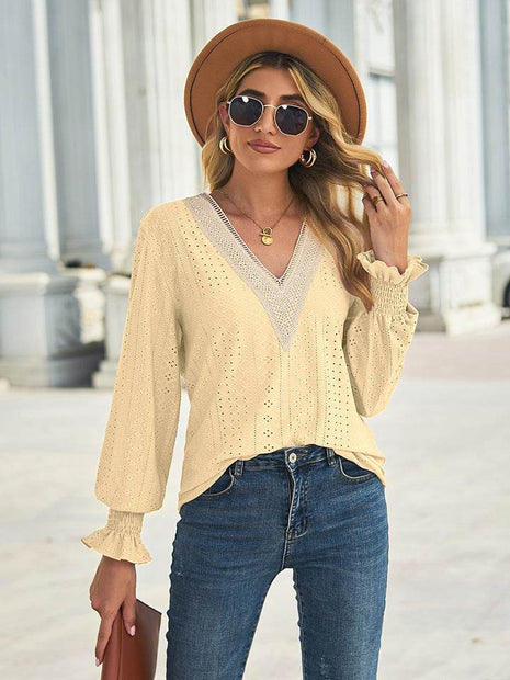 V-Neck Eyelet Flounce Sleeve Blouse - MimiStylez