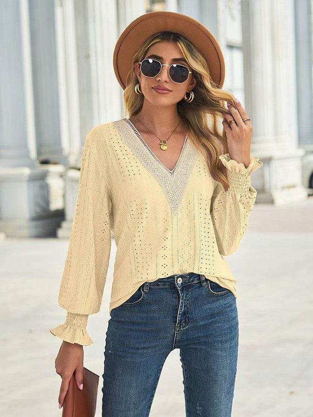 V-Neck Eyelet Flounce Sleeve Blouse - MimiStylez