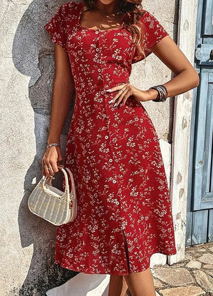 Summer Floral Print Maxi Dress Women Button Up Split Long Flowy Bohemian Beach Party Dresses - MimiStylez