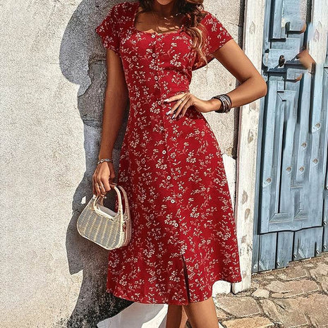 Summer Floral Print Maxi Dress Women Button Up Split Long Flowy Bohemian Beach Party Dresses - MimiStylez