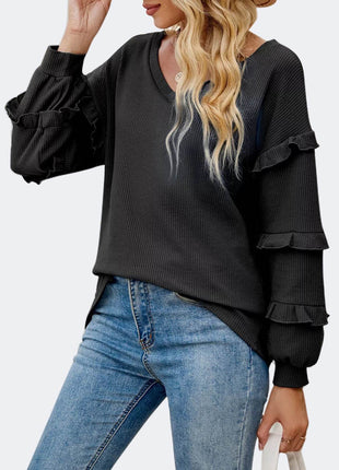 Ruffled V-Neck Long Sleeve T-Shirt - MimiStylez