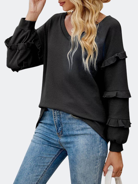 Ruffled V-Neck Long Sleeve T-Shirt - MimiStylez