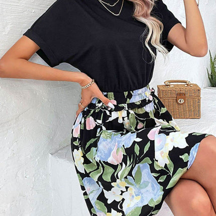 Two-Tone Round Neck Cuffed Sleeve Dress - MimiStylez