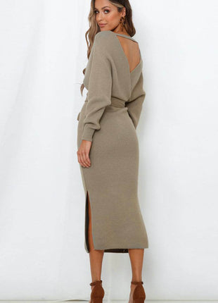 Surplice Neck Bow Waist Slit Sweater Dress - MimiStylez