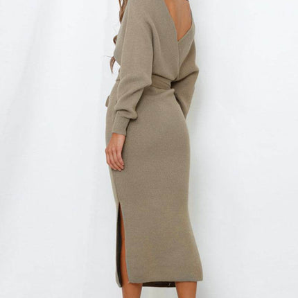 Surplice Neck Bow Waist Slit Sweater Dress - MimiStylez