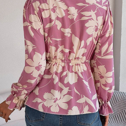 Printed Tie Neck Flounce Sleeve Blouse - MimiStylez