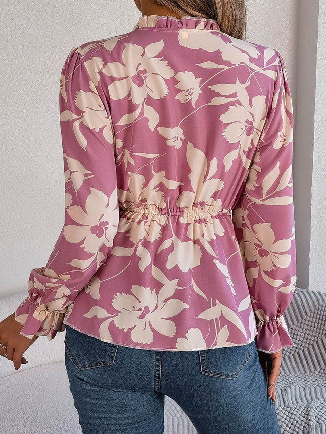 Printed Tie Neck Flounce Sleeve Blouse - MimiStylez