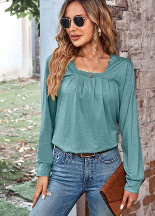 Ruched Square Neck Long Sleeve T-Shirt - MimiStylez