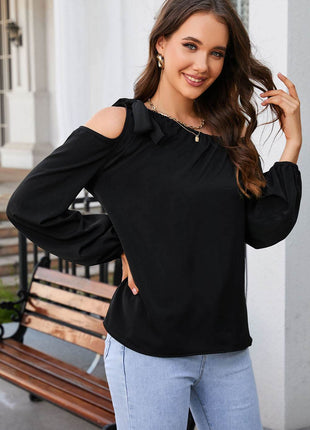 Double Take Tied Asymmetrical Neck Cold-Shoulder Blouse - MimiStylez