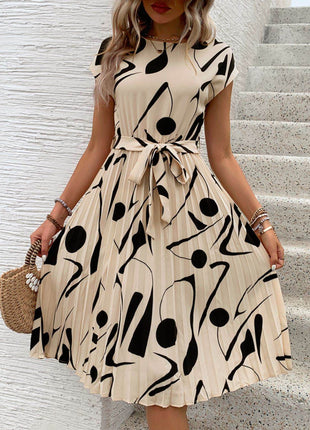 Tied Pleated Printed Cap Sleeve Dress - MimiStylez