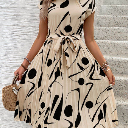 Tied Pleated Printed Cap Sleeve Dress - MimiStylez