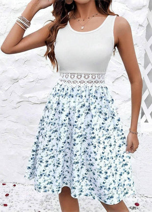 Lace Detail Floral Round Neck Sleeveless Dress - MimiStylez