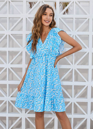 Ruffled Ditsy Floral Surplice Mini Dress - MimiStylez
