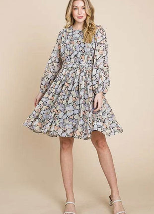 Lime 'N' Chili Chiffon Floral Print Belted Dress with Back Zipper - MimiStylez