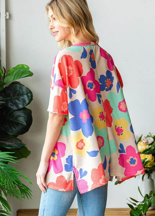 HOPELY Full Size Floral V-Neck Side Slit T-Shirt - MimiStylez