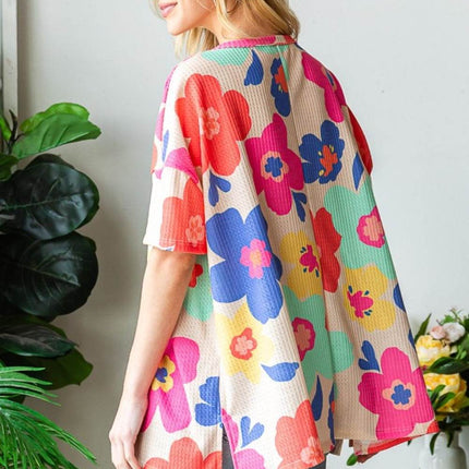HOPELY Full Size Floral V-Neck Side Slit T-Shirt - MimiStylez