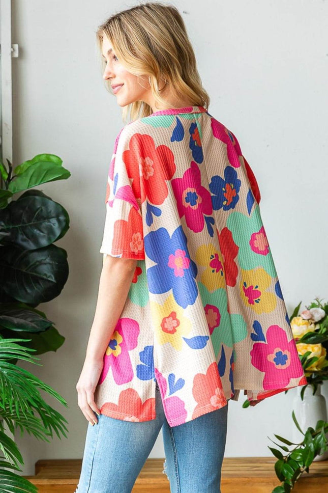 HOPELY Full Size Floral V-Neck Side Slit T-Shirt - MimiStylez