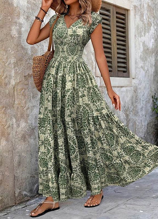 Women's Sexy V-Neck Short Sleeve Maxi Dress Summer Prints And Flowy Big Hem Beach Dresses - MimiStylez