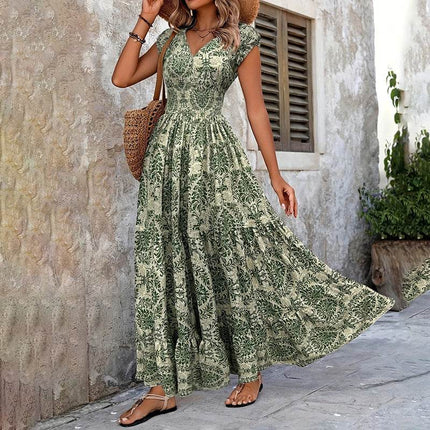 Women's Sexy V-Neck Short Sleeve Maxi Dress Summer Prints And Flowy Big Hem Beach Dresses - MimiStylez