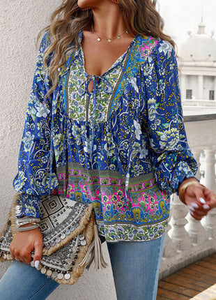 Blusa boêmia com decote em V e manga lanterna