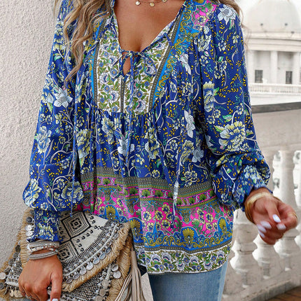 Blusa boêmia com decote em V e manga lanterna