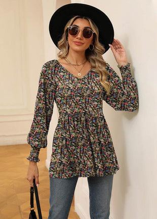 Printed V-Neck Lantern Sleeve Blouse - MimiStylez