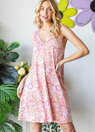 Heimish Full Size Floral V-Neck Tank Dress with Pockets - MimiStylez