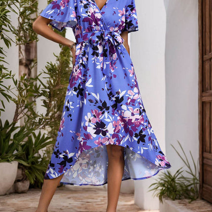 High-Low Printed Surplice Short Sleeve Midi Dress - MimiStylez