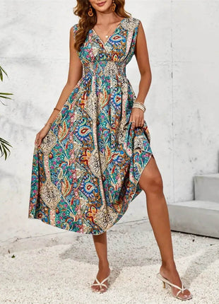 Smocked Printed Surplice Sleeveless Midi Dress - MimiStylez