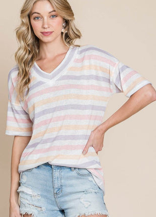 BOMBOM Striped V-Neck Short Sleeve T-Shirt - MimiStylez