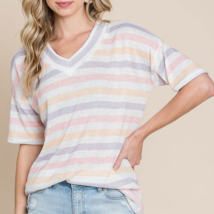 BOMBOM Striped V-Neck Short Sleeve T-Shirt - MimiStylez