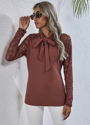 Tie Neck Spliced Lace Long Sleeve Top - MimiStylez