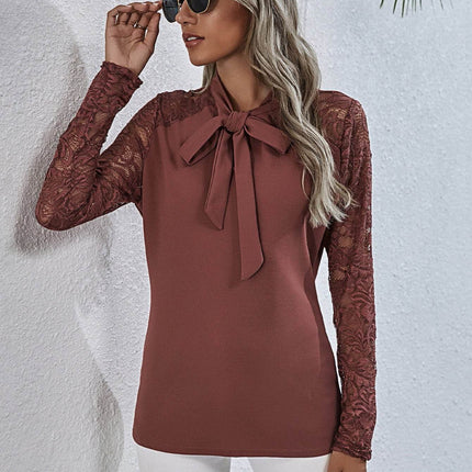 Tie Neck Spliced Lace Long Sleeve Top - MimiStylez