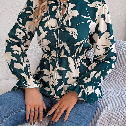 Printed Tie Neck Flounce Sleeve Blouse - MimiStylez