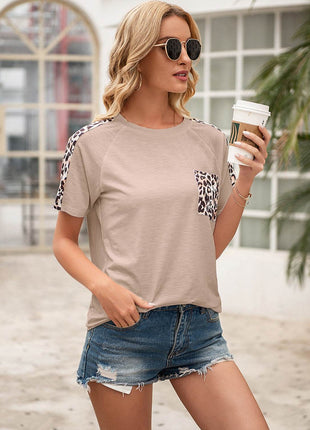 Pocketed Leopard Round Neck Short Sleeve T-Shirt - MimiStylez