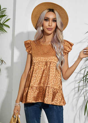 Full Size Ruffled Leopard Cap Sleeve Top - MimiStylez