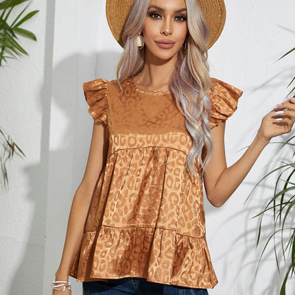 Full Size Ruffled Leopard Cap Sleeve Top - MimiStylez