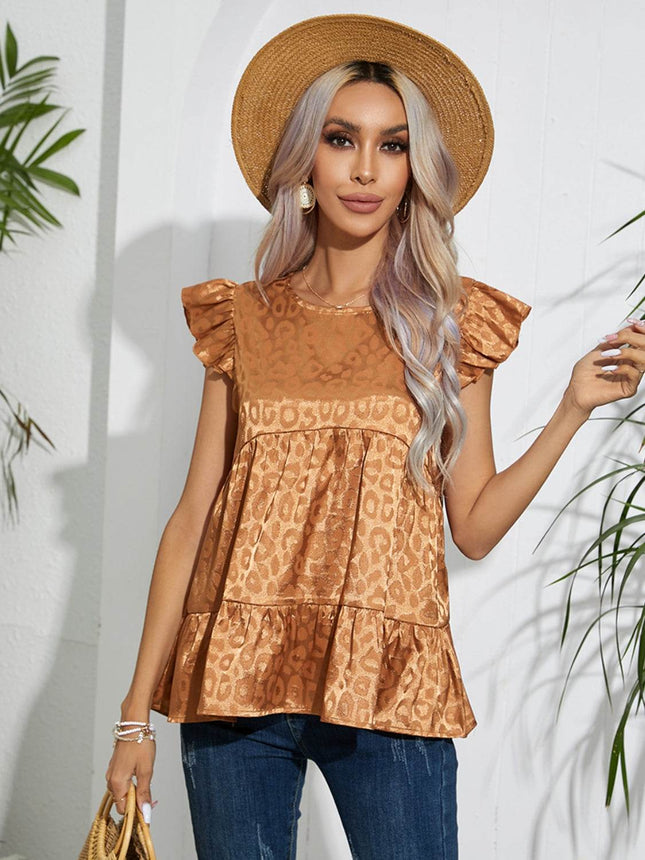 Full Size Ruffled Leopard Cap Sleeve Top - MimiStylez