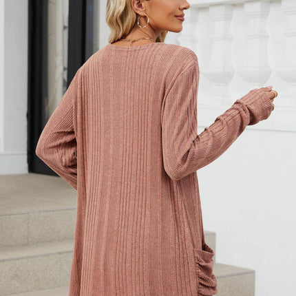 Pocketed Open Front Long Sleeve Cardigan - MimiStylez