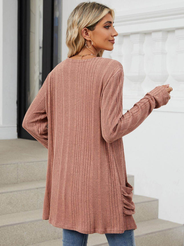 Pocketed Open Front Long Sleeve Cardigan - MimiStylez