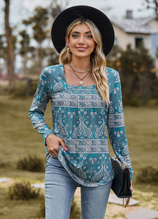 Printed Square Neck Long Sleeve Blouse - MimiStylez