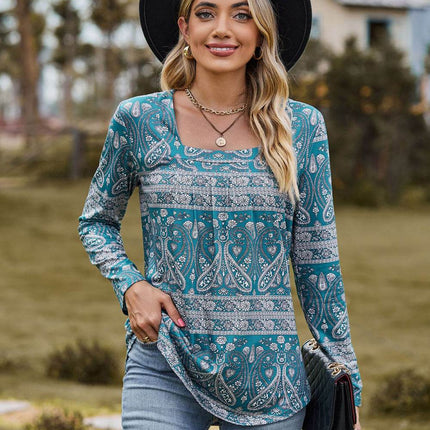 Printed Square Neck Long Sleeve Blouse - MimiStylez