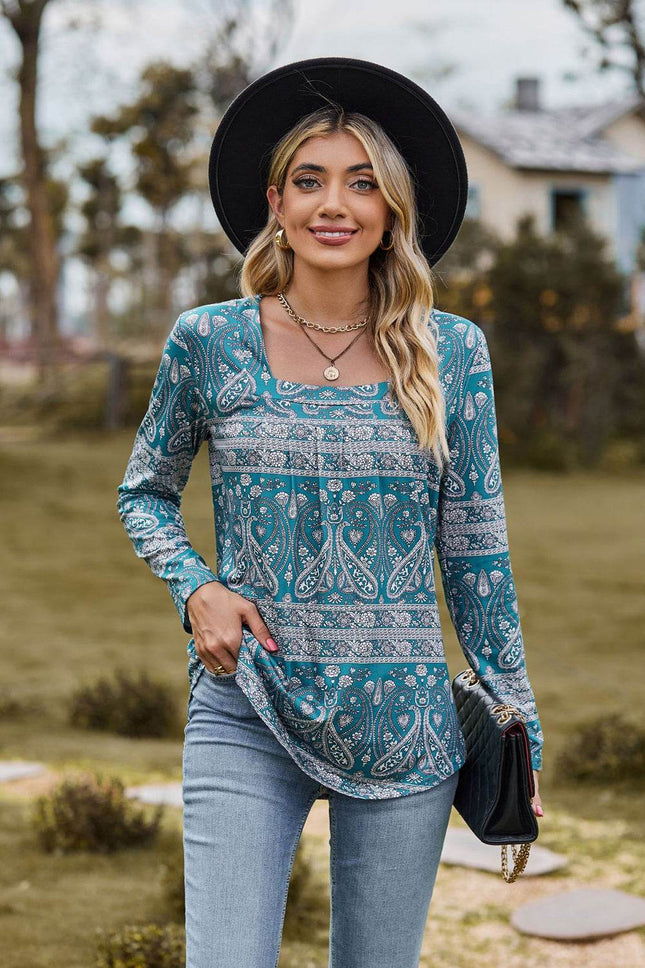 Printed Square Neck Long Sleeve Blouse - MimiStylez
