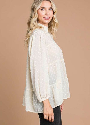 Culture Code Full Size Swiss Dot Smocked Mock Neck Blouse - MimiStylez