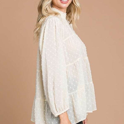 Culture Code Full Size Swiss Dot Smocked Mock Neck Blouse - MimiStylez