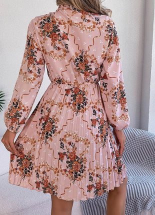 Pleated Printed Tie Neck Long Sleeve Dress - MimiStylez